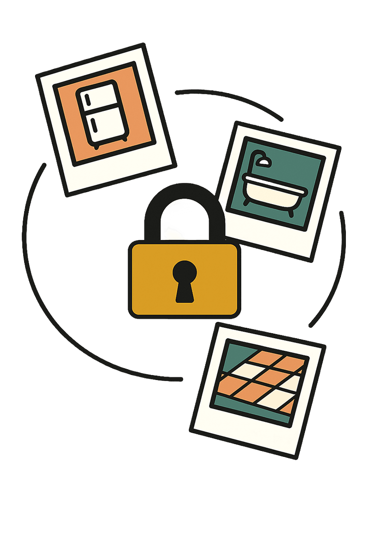 Illustrated polaroid cards showing home scan zones: bathroom, floor, and entryway
