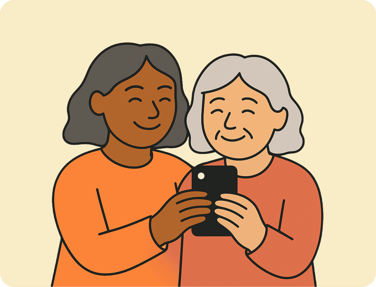 An adult daughter and her mother scanning the home together with a phone